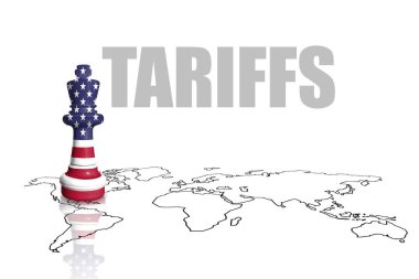 Satranç dünya haritasında ABD bayrağından yapılmıştır. Amerika Birleşik Devletleri ticaret, görev ve gümrük vergisi savaşı