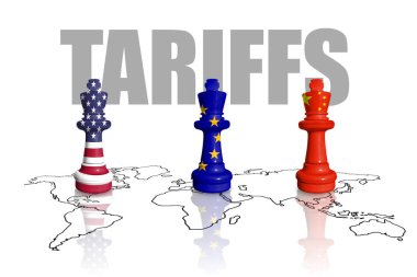 Satranç, dünya haritasında ABD, AB ve Çin bayraklarından yapıldı. Çin, Avrupa Birliği ve Amerika Birleşik Devletleri ticaret, görev ve gümrük vergisi savaşı