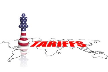 Satranç dünya haritasında ABD bayrağından yapılmıştır. Amerika Birleşik Devletleri ticaret, görev ve gümrük vergisi savaşı