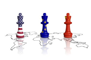 Satranç, dünya haritasında ABD, AB ve Çin bayraklarından yapıldı. Çin, Avrupa Birliği ve Amerika Birleşik Devletleri ticaret, görev ve gümrük vergisi savaşı
