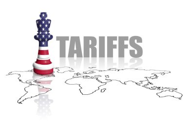 Satranç dünya haritasında ABD bayrağından yapılmıştır. Amerika Birleşik Devletleri ticaret, görev ve gümrük vergisi savaşı