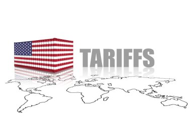 Dünya haritasında Amerikan bayrağından yapılan ticaret konteynırları. Amerika Birleşik Devletleri ticaret, görev ve gümrük vergisi savaşı