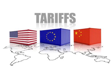 Bir dünya haritasında ABD, AB ve Çin bayraklarından yapılan ticaret konteynırları. Çin, Avrupa Birliği ve Amerika Birleşik Devletleri ticaret, görev ve gümrük vergisi savaşı