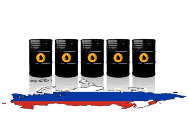 Rusya haritasında Rus ham petrol varilleri var. Rusya için gümrük vergileri, yaptırımlar ve ambargo