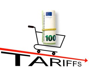 Kırmızı ok için 100 Euro 'luk alışveriş sepeti. Ticaret ve gümrük vergisi savaşı. Ekonomik kriz, enflasyon ve emtia fiyatları kavramı