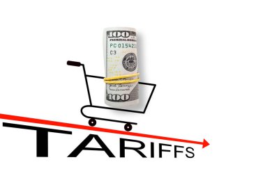 Kırmızı oka 100 dolarlık alışveriş sepeti. Ticaret ve gümrük vergisi savaşı. Ekonomik kriz, enflasyon ve emtia fiyatları kavramı