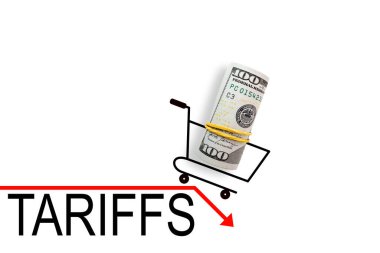 Kırmızı oka 100 dolarlık alışveriş sepeti. Ticaret ve gümrük vergisi savaşı. Ekonomik kriz, enflasyon ve emtia fiyatları kavramı