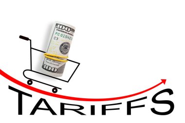 Kırmızı oka 100 dolarlık alışveriş sepeti. Ticaret ve gümrük vergisi savaşı. Ekonomik kriz, enflasyon ve emtia fiyatları kavramı