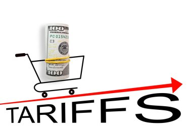 Kırmızı oka 100 dolarlık alışveriş sepeti. Ticaret ve gümrük vergisi savaşı. Ekonomik kriz, enflasyon ve emtia fiyatları kavramı