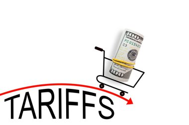 Kırmızı oka 100 dolarlık alışveriş sepeti. Ticaret ve gümrük vergisi savaşı. Ekonomik kriz, enflasyon ve emtia fiyatları kavramı