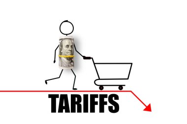 Kırmızı oka 100 dolarlık alışveriş sepeti. Ticaret ve gümrük vergisi savaşı. Ekonomik kriz, enflasyon ve emtia fiyatları kavramı