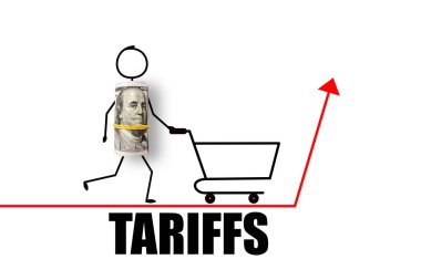 Kırmızı oka 100 dolarlık alışveriş sepeti. Ticaret ve gümrük vergisi savaşı. Ekonomik kriz, enflasyon ve emtia fiyatları kavramı