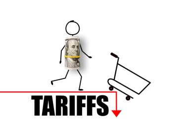 Kırmızı oka 100 dolarlık alışveriş sepeti. Ticaret ve gümrük vergisi savaşı. Ekonomik kriz, enflasyon ve emtia fiyatları kavramı