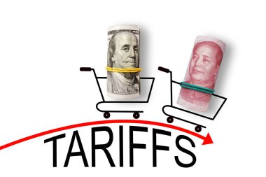 Alışveriş sepetinde 100 dolar ve kırmızı ok için 100 yuan. ABD ve Çin ticaret ve gümrük vergisi savaşı. 