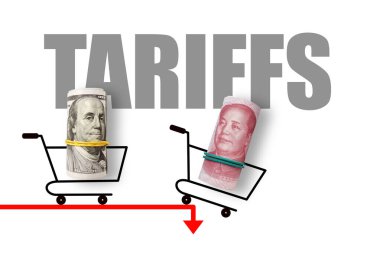 Beyaz arka planda 100 dolar ve 100 yuan. Gümrük tarifeli. ABD ve Çin ticaret ve gümrük vergileri savaşı. Ekonomik kriz, enflasyon ve emtia fiyatları kavramı