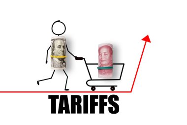 Alışveriş sepetinde 100 dolar ve kırmızı ok için 100 yuan. Ticaret ve gümrük vergisi savaşı. Ekonomik kriz, enflasyon ve emtia fiyatları kavramı