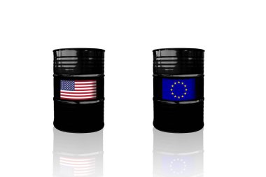 Beyaz arka planda ABD ve AB bayrakları olan ham petrol varilleri. Ham petrol fiyatları. Tarifeler, görevler, vergiler ve ticaret savaşı 