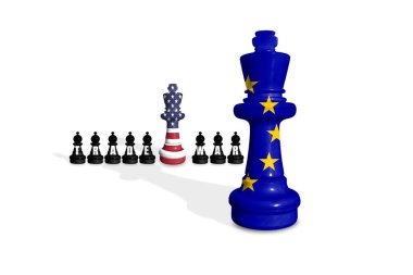 ABD ve AB bayraklarından yapılan satranç, TRAD SAVAŞ sözcüğüyle beyaz bir arkaplandaydı. ABD ve Avrupa Birliği ticaret, görev, gümrük vergisi krizi