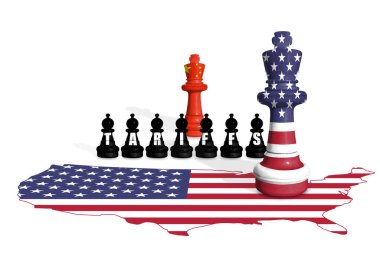 Satranç ABD ve Çin bayraklarından yapılmıştır. Avrupa Birliği ve Çin ticaret, gümrük vergileri ve görev savaşı