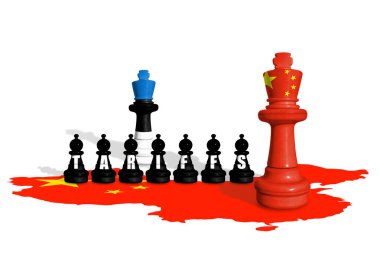 Satranç Estonya ve Çin bayraklarından yapılmıştır. Avrupa Birliği ve Çin ticaret, gümrük ve gümrük savaşları