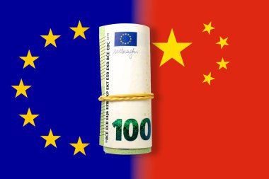 Çin ve AB bayrakları için 100 euro. Çin ve Avrupa Birliği ticaret, gümrük, gümrük ve gümrük vergisi savaşı