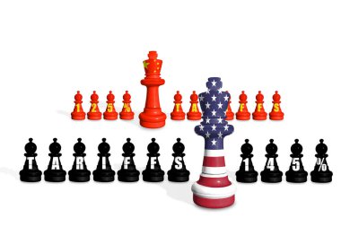 Satranç ABD ve Çin bayraklarından yapılmıştır. ABD ve Çin ticaret, görev, gümrük ve gümrük vergileri savaşı