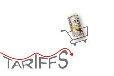 Gümrük tarifeli beyaz arka planda 100 dolar. Ticaret, gümrük, gümrük ve gümrük savaşı