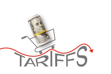 Gümrük tarifeli beyaz arka planda 100 dolar. Ticaret, gümrük, gümrük ve gümrük savaşı