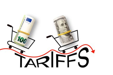 Gümrük tarifeli beyaz arka planda 100 dolar ve 100 avro. Ticaret, gümrük, gümrük ve gümrük savaşı