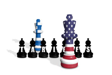 Satranç ABD ve Yunanistan bayraklarından yapılmıştır. ABD ve Yunanistan ticaret, görev, gümrük ve gümrük vergileri savaşı