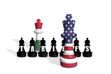 Satranç ABD ve Macaristan bayraklarından yapılmıştır. ABD ve Macaristan ticaret, görev, gümrük ve gümrük vergileri savaşı