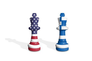 Satranç ABD ve Yunanistan bayraklarından yapılmıştır. Ticaret, görev, gümrük ve gümrük vergisi savaşı