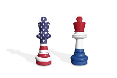 Satranç ABD ve Hollanda bayraklarından yapılmıştır. Ticaret, görev, gümrük ve gümrük vergisi savaşı