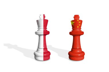 Malta ve Çin bayraklarından yapılmış satranç. Ticaret, görev, gümrük ve gümrük vergisi savaşı
