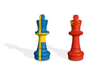 Satranç İsveç ve Çin bayraklarından yapılmıştır. Ticaret, görev, gümrük ve gümrük vergisi savaşı