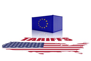 ABD haritasında AB bayrağı taşıyan konteynırlar. Ticaret, görev, gümrük ve gümrük vergisi savaşı