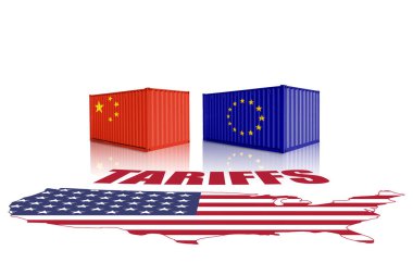 ABD haritasında Çin ve AB bayraklarıyla ticaret konteynırları. Ticaret, görev, gümrük ve gümrük vergisi savaşı