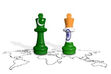 Bir dünya haritasında Pakistan ve Hindistan bayraklarından yapılmış satranç