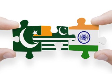 Pakistan, Hindistan ve Keşmir bayraklarından yapılmış bir bulmaca. Pakistan ve Hindistan savaşı
