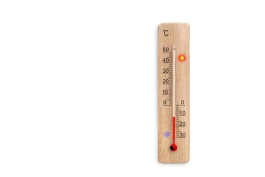 Tahta santigrat ölçekli termometre beyaz arka planda izole edilmiş. Çevre sıcaklığı eksi 11 derece.