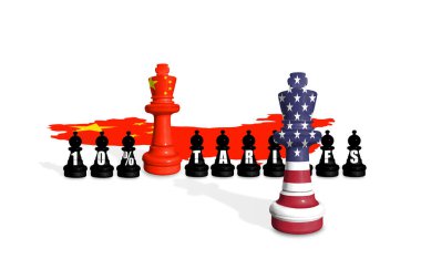 Satranç ABD ve Çin bayraklarından yapılmıştır. ABD ve Çin ticaret, görev, gümrük ve gümrük vergileri savaşı