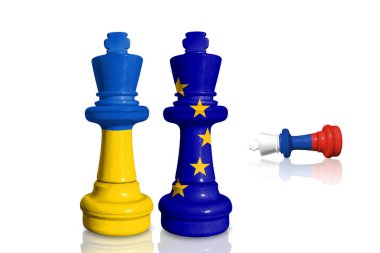 Avrupa Birliği, Rusya 'nın Ukrayna' daki savaş ve saldırganlığı için ambargo ve yaptırımlar uyguluyor. Satranç Ukrayna, AB ve Rusya bayraklarından yapıldı