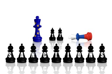 Avrupa Birliği, Rusya 'nın Ukrayna' daki savaş ve saldırganlığı için ambargo ve yaptırımlar uyguluyor. Satranç, AB ve Rusya 'nın bayraklarından yapıldı. 17 yaptırım paketi