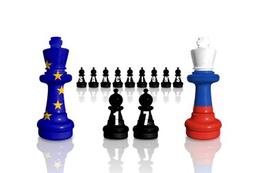 Avrupa Birliği, Rusya 'nın Ukrayna' daki savaş ve saldırganlığı için ambargo ve yaptırımlar uyguluyor. Satranç, AB ve Rusya 'nın bayraklarından yapıldı. 17 yaptırım paketi