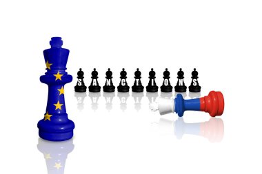 Avrupa Birliği, Rusya 'nın Ukrayna' daki savaş ve saldırganlığı için ambargo ve yaptırımlar uyguluyor. Satranç, AB ve Rusya 'nın bayraklarından yapıldı. Yaptırımlar paketi