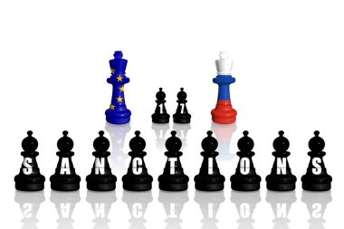 Avrupa Birliği, Rusya 'nın Ukrayna' daki savaş ve saldırganlığı için ambargo ve yaptırımlar uyguluyor. Satranç, AB ve Rusya 'nın bayraklarından yapıldı. 17 yaptırım paketi