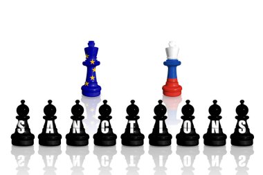 Avrupa Birliği, Rusya 'nın Ukrayna' daki savaş ve saldırganlığı için ambargo ve yaptırımlar uyguluyor. Satranç, AB ve Rusya 'nın bayraklarından yapıldı. 17 yaptırım paketi