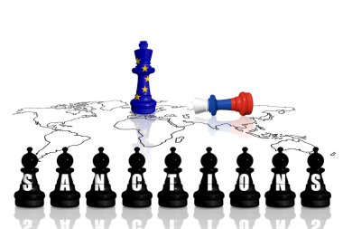 Avrupa Birliği, Rusya 'nın Ukrayna' daki savaş ve saldırganlığı için ambargo ve yaptırımlar uyguluyor. AB ve Rusya bayraklarından yapılan satranç. 