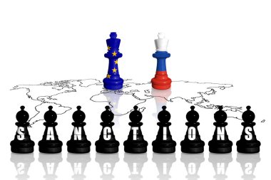 Avrupa Birliği, Rusya 'nın Ukrayna' daki savaş ve saldırganlığı için ambargo ve yaptırımlar uyguluyor. AB ve Rusya bayraklarından yapılan satranç. 