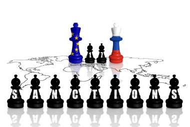 Avrupa Birliği, Rusya 'nın Ukrayna' daki savaş ve saldırganlığı için ambargo ve yaptırımlar uyguluyor. AB ve Rusya bayraklarından yapılan satranç. 